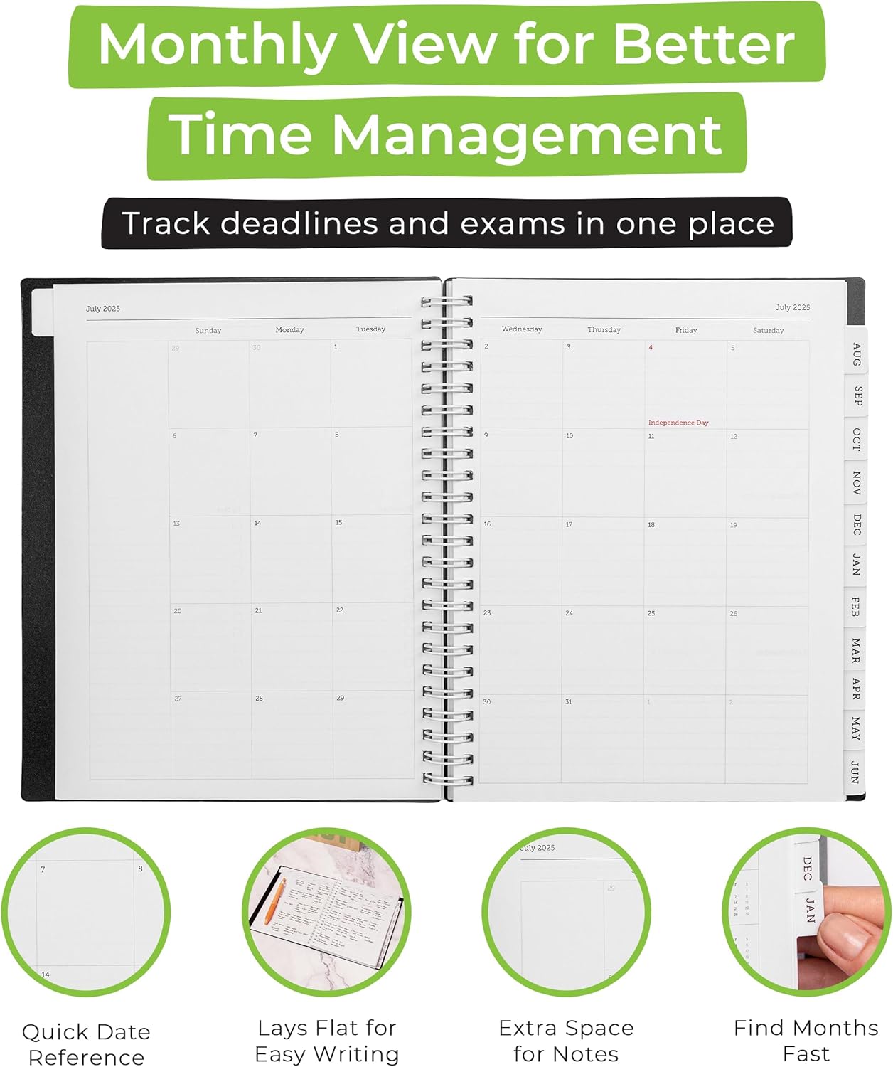 WallDeca Academic Planner 2025-2026, Daily, Weekly & Monthly Planner, July 2025 - June 2026, Student Notes Pages, Twin-Wire Binding Day and Weekly Agenda for School & Work (8 x 6-Inches, Black)