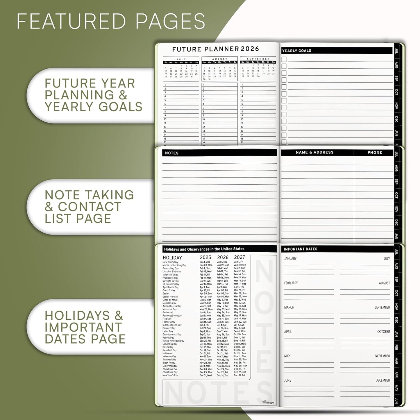 Ensight 2025-2026 HARDCOVER Leather Planner Weekly & Monthly - 6.5x8.5 Inches - Academic Planner Business Personal or Student - Pen Holder, Thick Paper, July 2025 - June 2026 (Olive Green)
