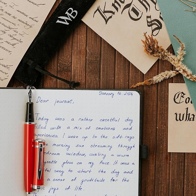 Wordsworth & Black Fountain Pen Set, Medium Nib, Includes 24 Pack Ink Cartridges, Ink Refill Converter & Gift Pouch, Chrome Finish, Calligraphy, [Crimson Red], Perfect for Men & Women