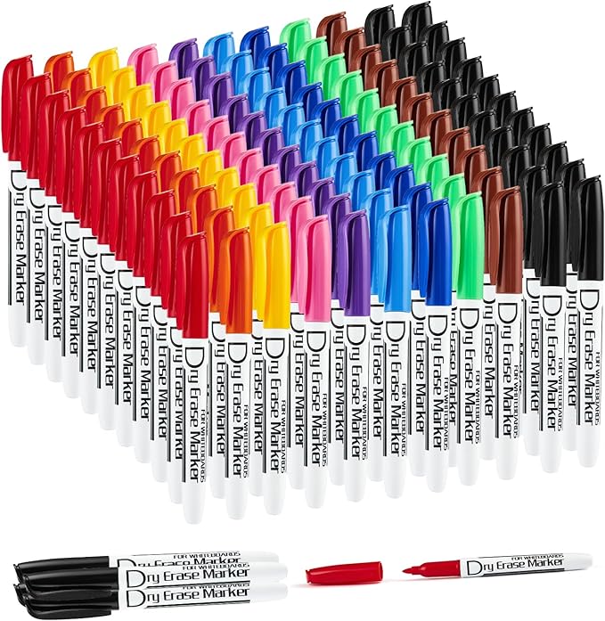 Volcanics Dry Erase Markers Low Odor Fine Whiteboard Markers Thin Box of 125, 10 Colors