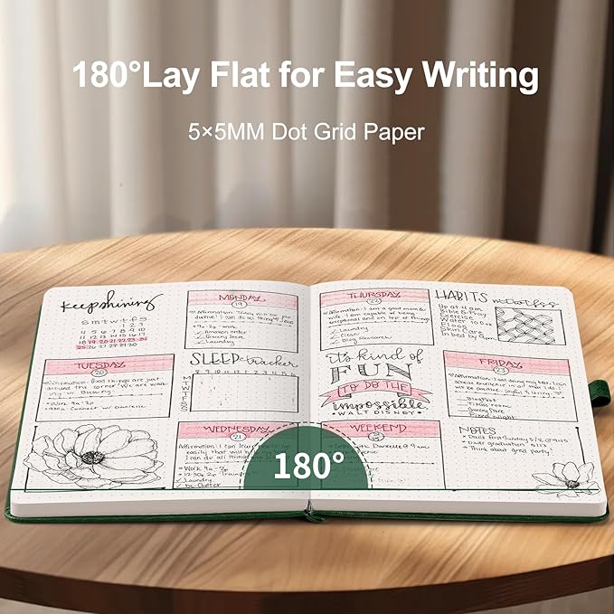 AHGXG Bullet Dotted Journal - 150 GSM Dot Grid Notebook Journal, Thick Acid-Free Paper, A5 Dotted Notebook 128 Pages, Leather Hardcover, Inner Pocket, Journal Stencil, 5.7'' × 8.3'' - Green