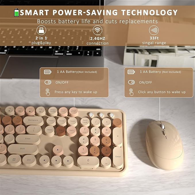 Wireless Keyboard and Mouse, Full-Size Retro Typewriter Keyboard with Round Keycaps, 2.4GHz for Windows, Mac, Laptop, PC, Desktop (Milky Tea Colorful)