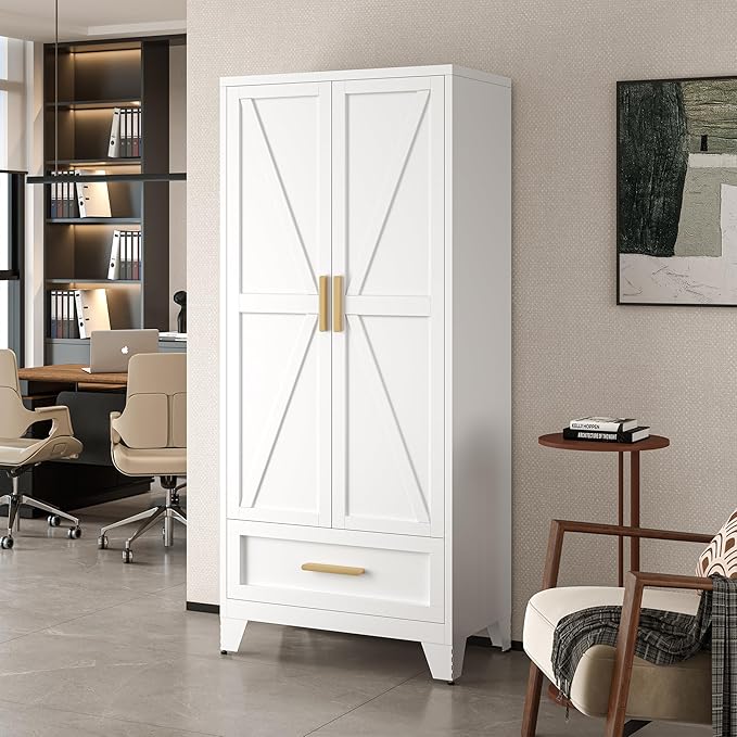 71" Tall Metal Wardrobe Cabinet with Drawer and Hanging Rod, 2 Doors Armoire Wardrobe Closet with Shelf for Bedroom, Office, Laundry Room, White