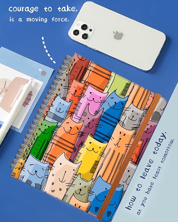 Ruled Spiral Writing Notebook,A5 Hardcover Lined College Journal for Women Lady,Fashion Puppy Watercolor Strong Twin-Wire Binding with Premium Paper,8.4" X 6",Perfect for School,Office,Home Gifts(Funny Cats)