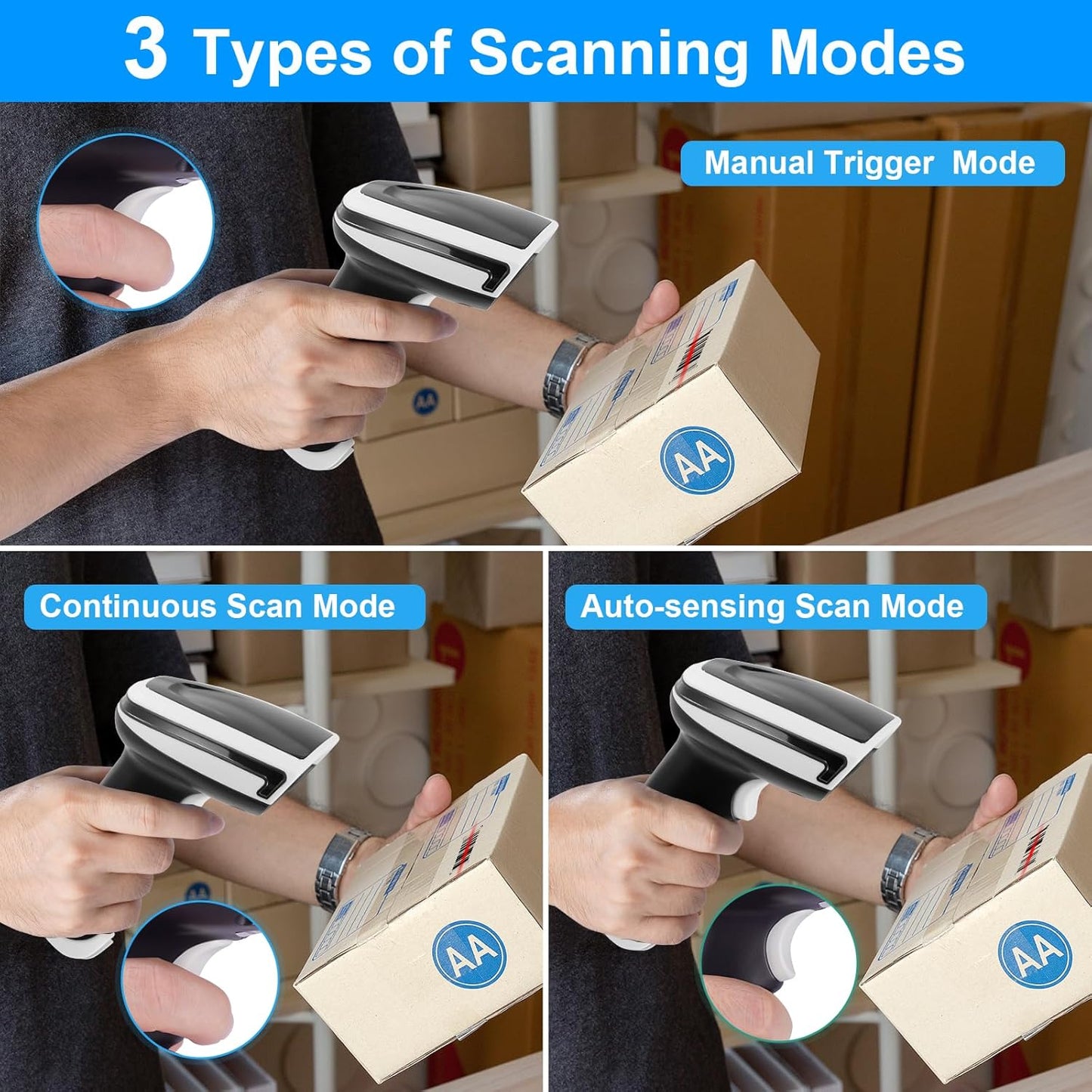 2D Barcode Scanner Wireless, Bluetooth QR Code Scanner Handheld Bar Code Scanners with Stand 3 in 1 Bluetooth & 2.4G Wireless & USB Wired Connection 1D&PDF417 Data Matrix Automatic Barcode Reader