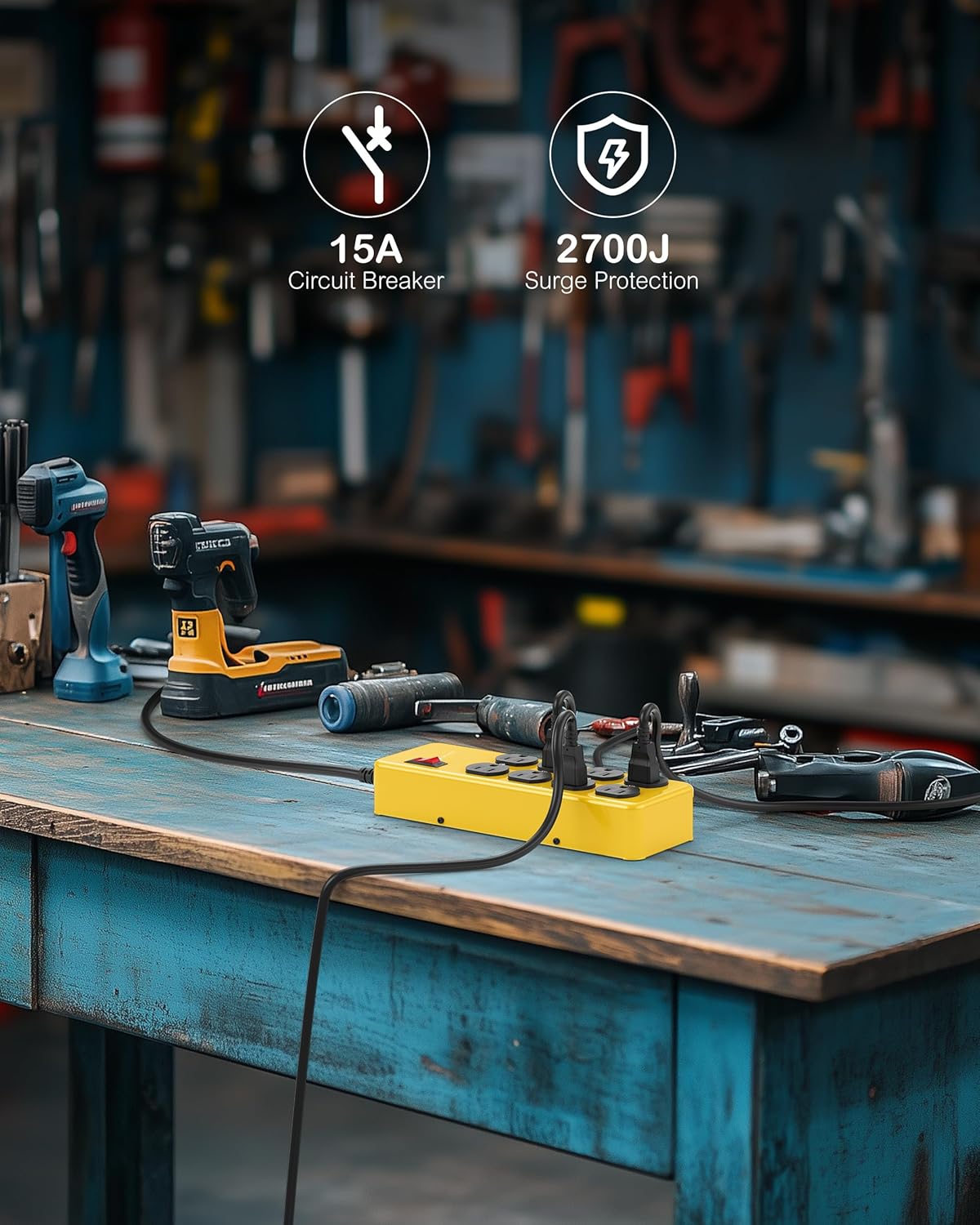 Heavy Duty Power Strip,Industrial Heavy Metal Case Surge Protector,8 AC Outlets,15Amp,2700 Joules,Protected' Indicator,14 Gauge Cord (Yellow, 10FT Length)