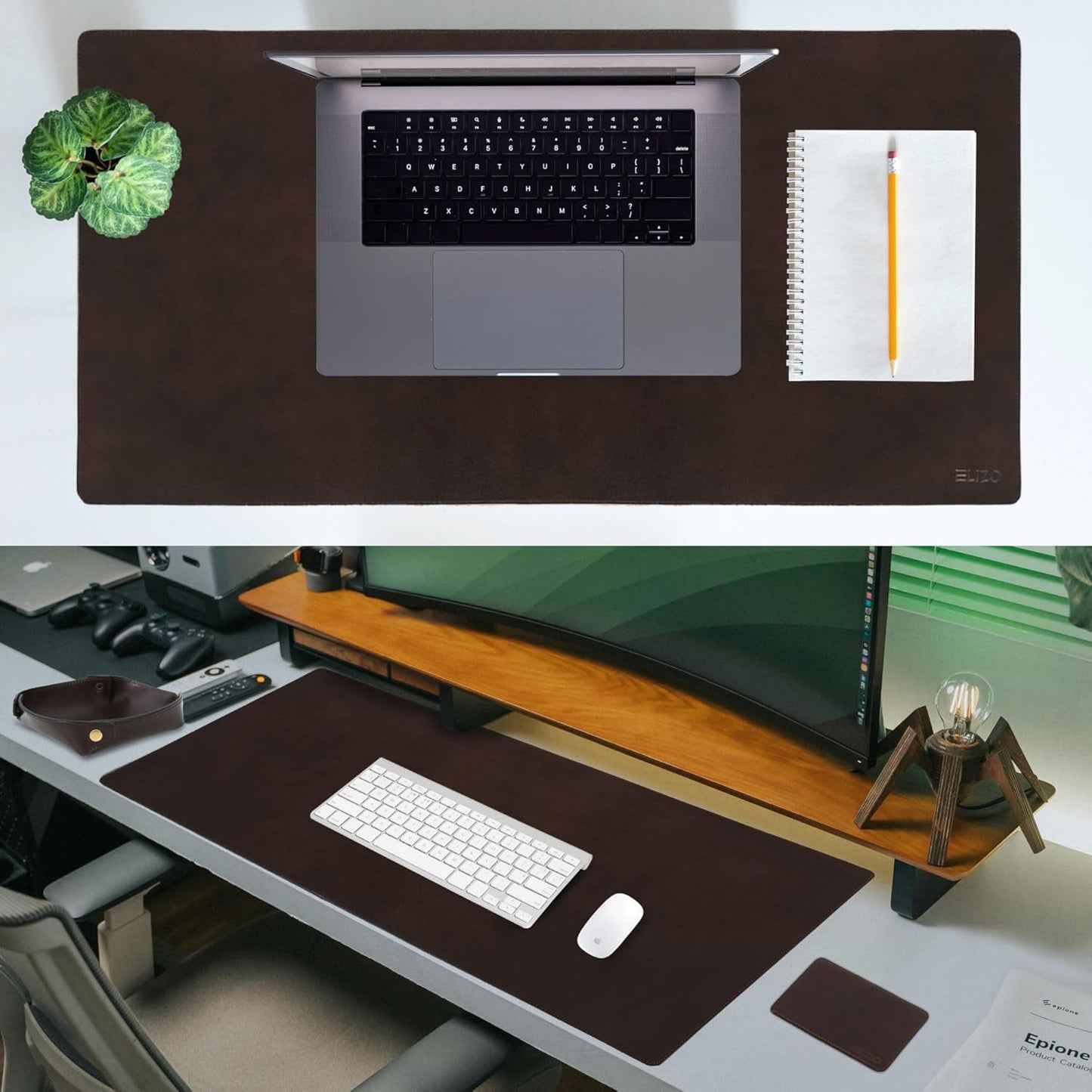 Elizo Leather Desk Mat Desk Pad Blotter Set - Real Full-Grain Leather (32x16) 2-Layer Genuine Desk Cover Protector & Large Mouse Pad | Computer Keyboard Desk Accessories for Office & Home