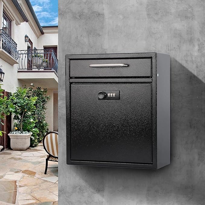 KYODOLED Steel Combination Lock Mail Boxes Outdoor,Locking Wall Mount Mailbox,Security Key Drop Box,12H x 10.51L x 4.68W Inches,Black Large