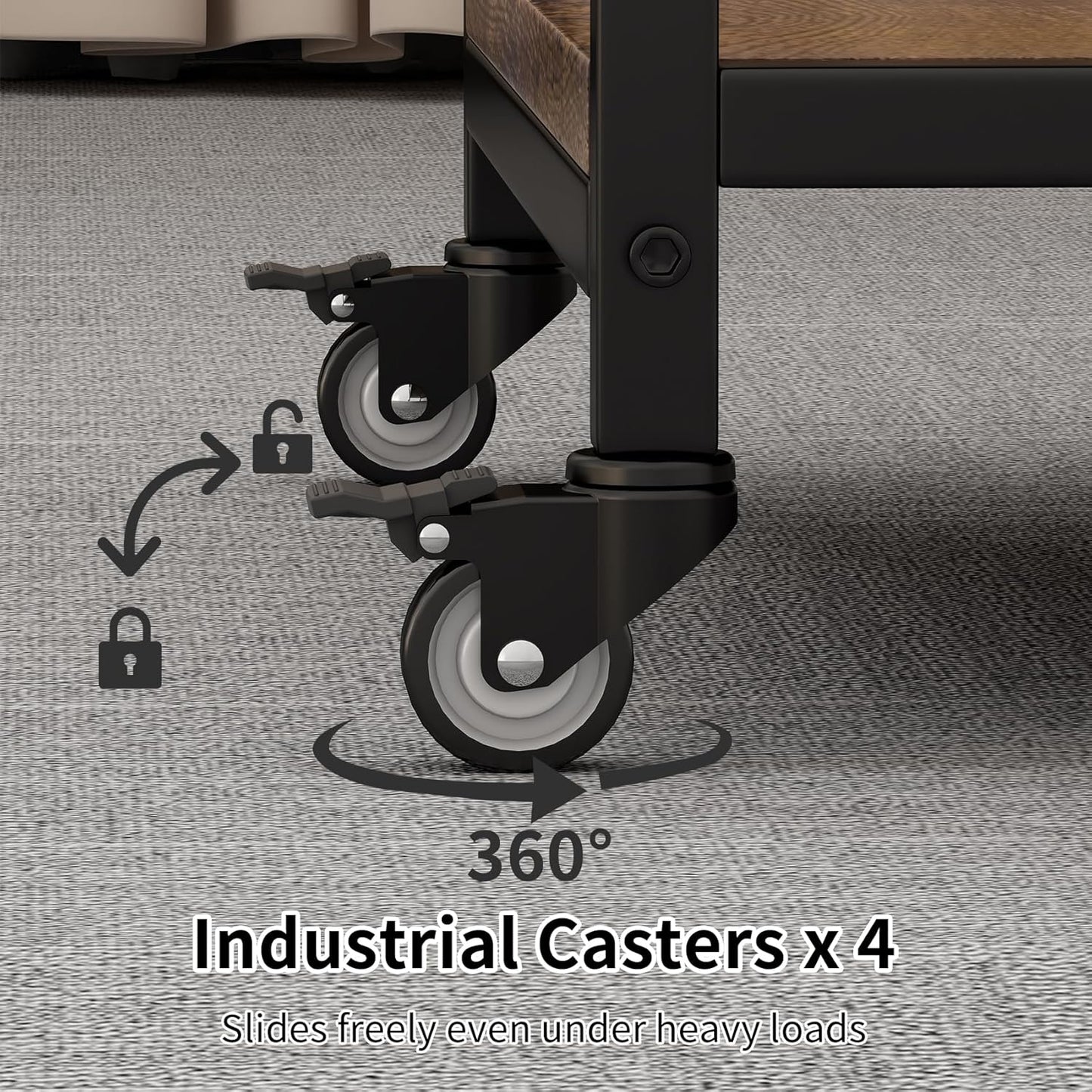 2 Tier Under Desk Printer Stand, Large Printer Table with Height Adjustable Shelf, Rolling Printer Cart with Industrial Wheels for Home Office, Scanner Fax (Rustic Brown)