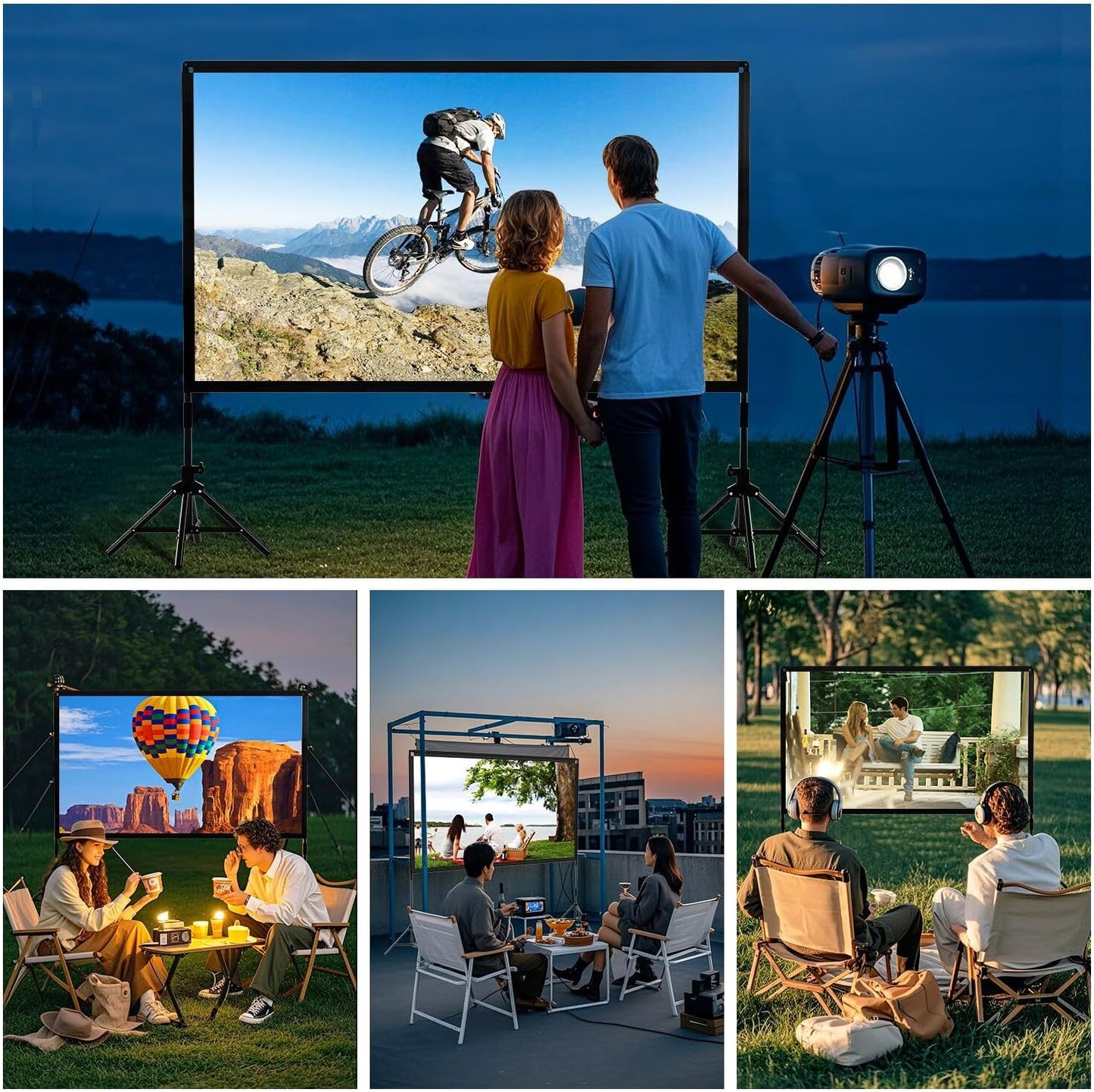 Projector Screen and Stand 120 inch,DUYIKJ Portable Black Backing Projector Screen Indoor Outdoor 16:9 4K HD Wrinkle-Free and Four-Legged Frame Movie Screen with Carry Bag for Backyard Movie Night