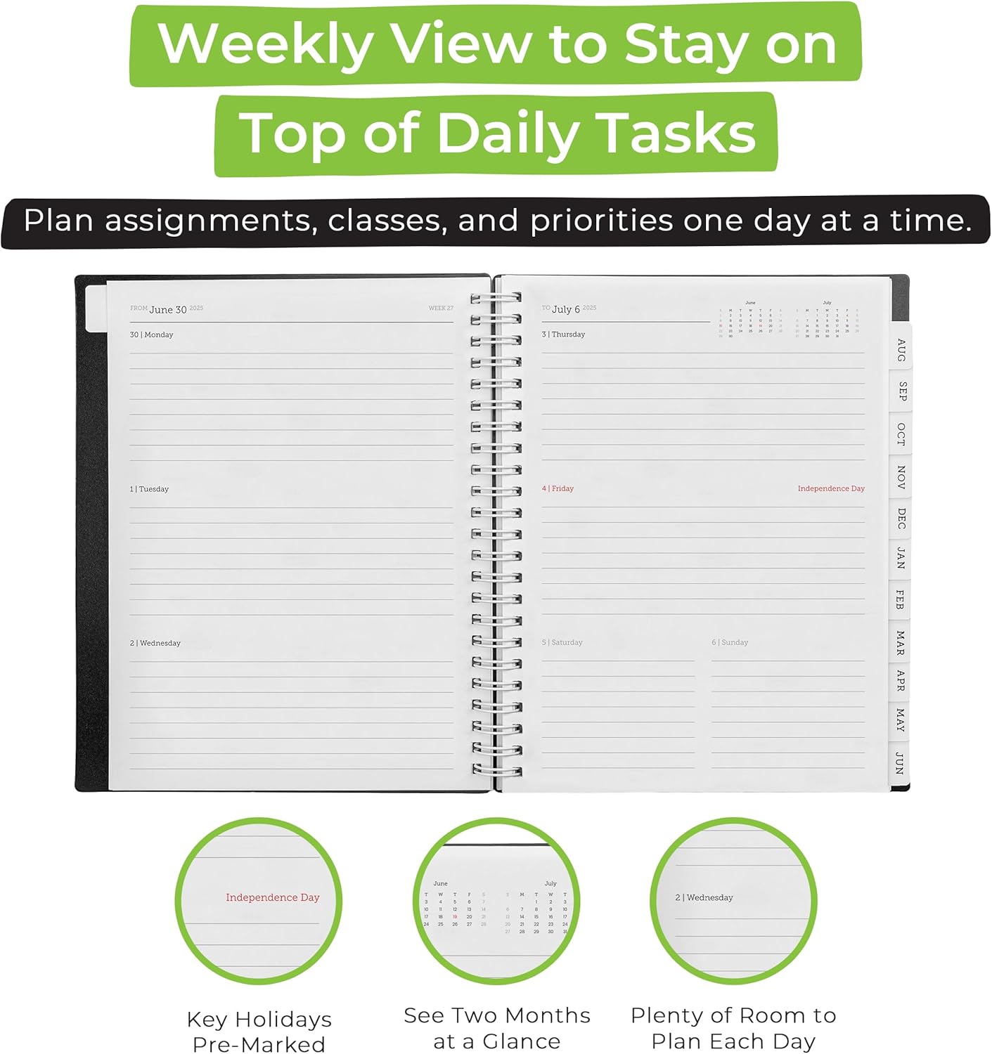 WallDeca Academic Planner 2025-2026, Daily, Weekly & Monthly Planner, July 2025 - June 2026, Student Notes Pages, Twin-Wire Binding Day and Weekly Agenda for School & Work (8 x 6-Inches, Black)