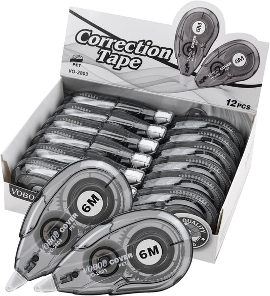 White Correction Tape Dispenser, Easy To Use Applicator for Instant Corrections, For school, Office (Black, 12pack, 6M/256, Tape Width 0.2in)