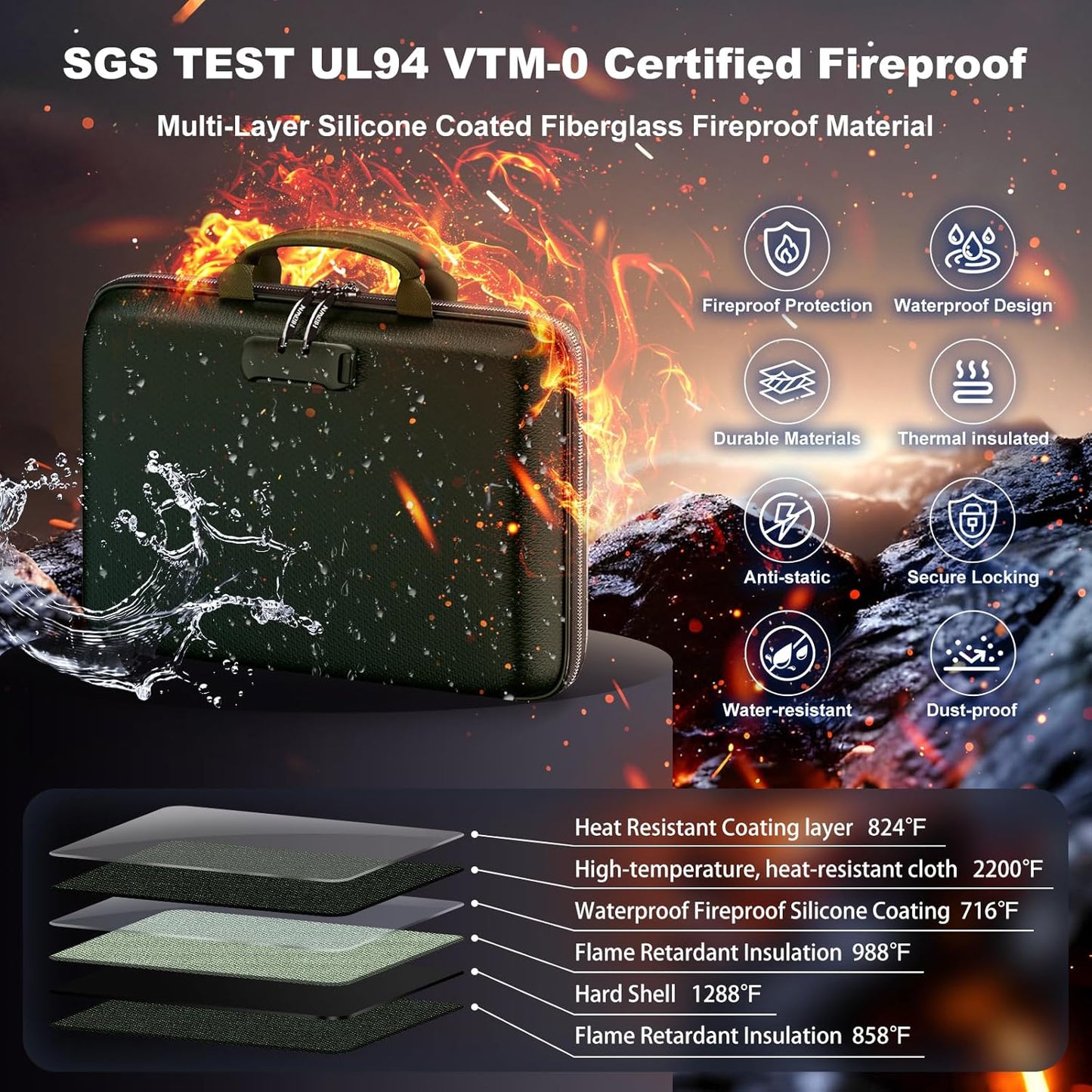 Fireproof Document Box, Hard Case Fireproof File Organizer Box with Lock and 13 Pocket Accordion File Folder, Portable Safe Box for Home Office Travel to Storage Important Documents Laptop Green