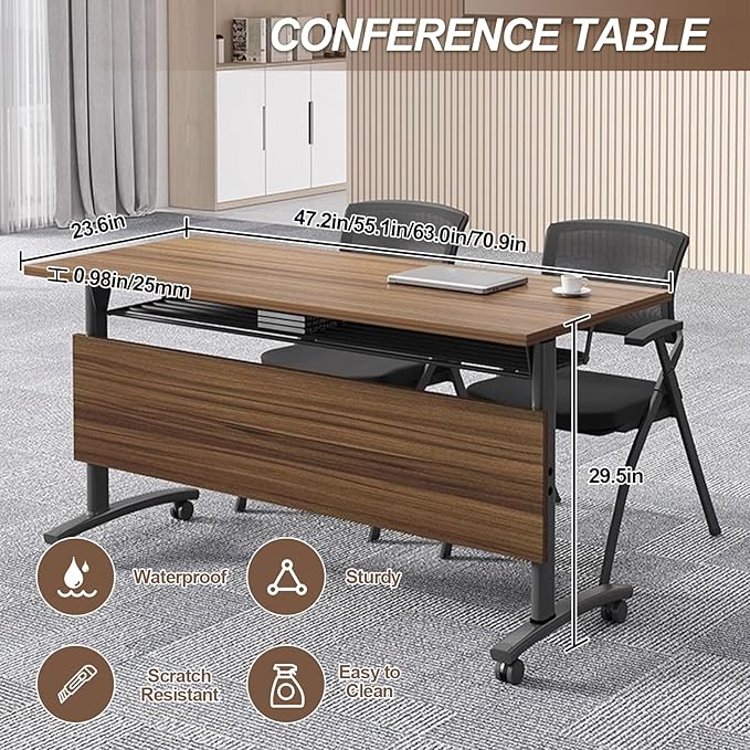 Folding Conference Room Table, Modern Conference Tables with Wheels, Large Rectangular Mobile Training Tables for Office Classroom, Foldable Modular Boardroom Seminar Table Walnut (6pack L47.2in)