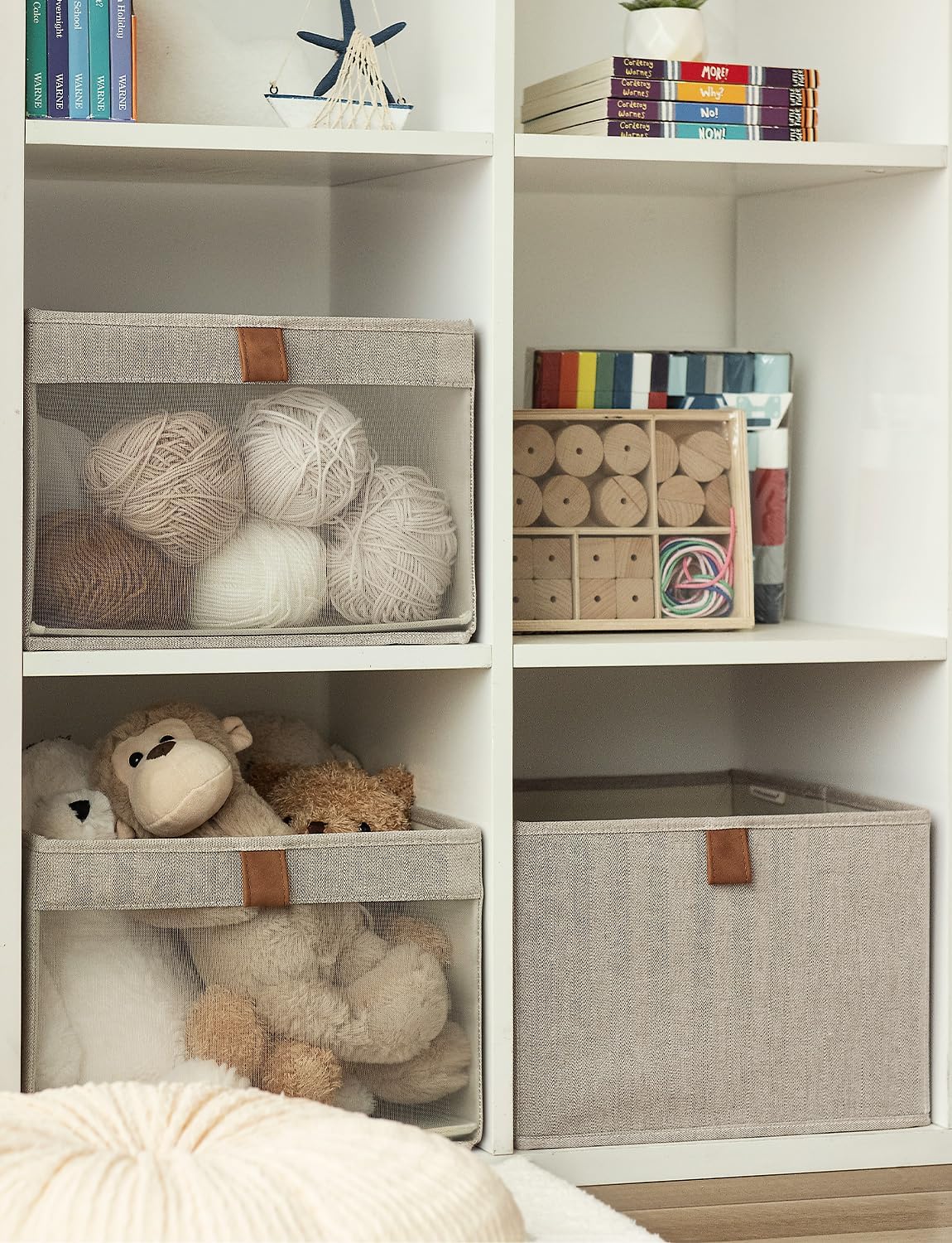 StorageWorks Closet Storage Bins, Large Storage Baskets with Clear Window and Handles, Foldable Fabric Organizer for Clothes, Shelves, Brown and Beige, 3 Pack