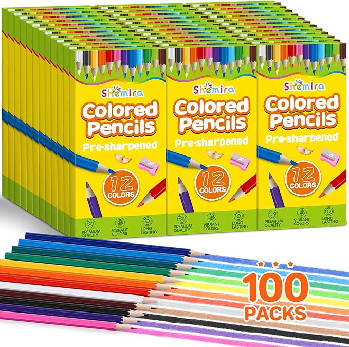 Shemira 100 Pack (1200 Count) Colored Pencils Bulk Set for Kids, Pre-sharpened Coloring Pencil in 12 Colors, Erasable Color Pencils', School Supplies for Kids Teachers, Back to School Supplies
