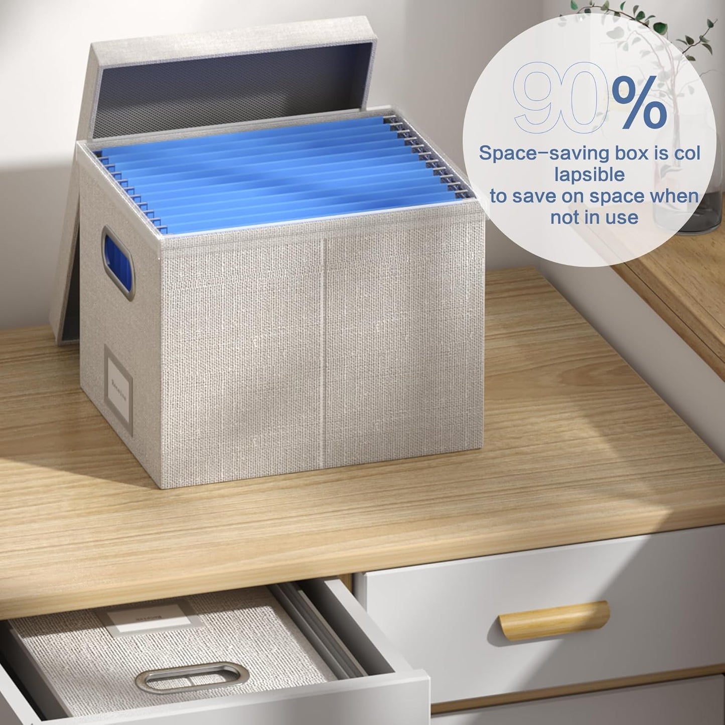 File Organizer Box File Boxes for Hanging Files with Lid Set of 3 Decorative Hanging Folders Organizer with One-Piece Plastic Frame Slides (13.2 * 10.1 * 10.1in(3Pack), Light Grey)