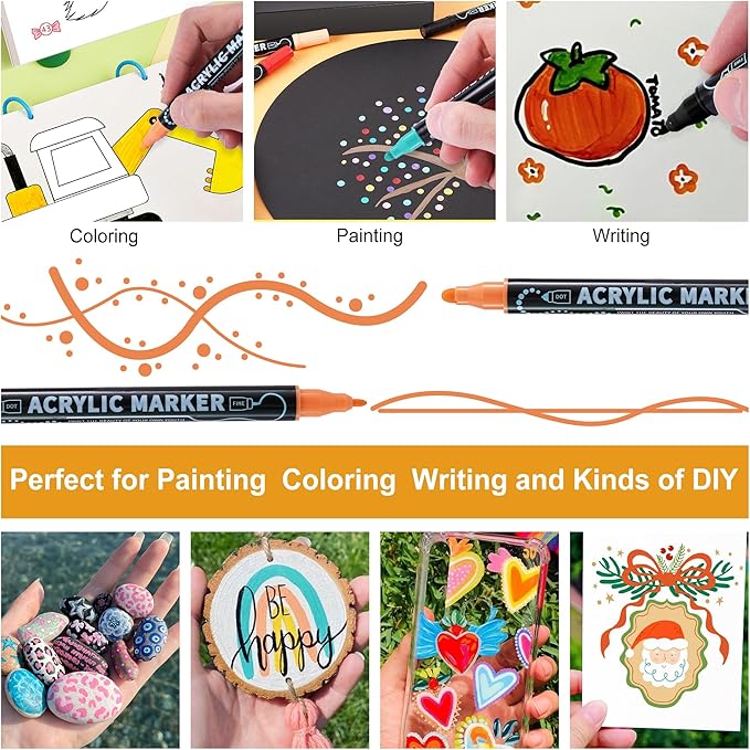 12 Colors Waterproof Dual Tip Acrylic Paint Pens, Dot & Fine Tip Premium Coloring Drawing Markers Set for Wood, Rock Painting, Canvas, Glass, Ceramic Surfaces and DIY Crafts Making Art Supplies