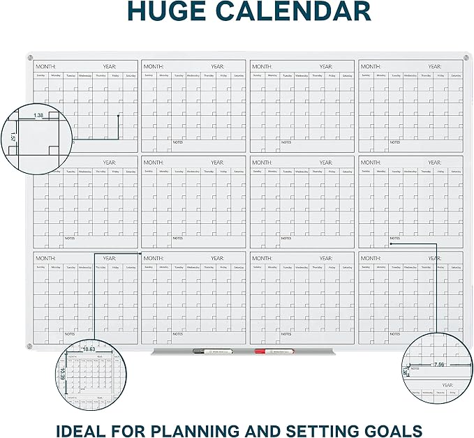 J&J worldwide Glass Whiteboard Yearly Calendar - 35" X 47" Large Wall Whitrboard - White Board Dry Erase Planner for Wall Home, School, Office