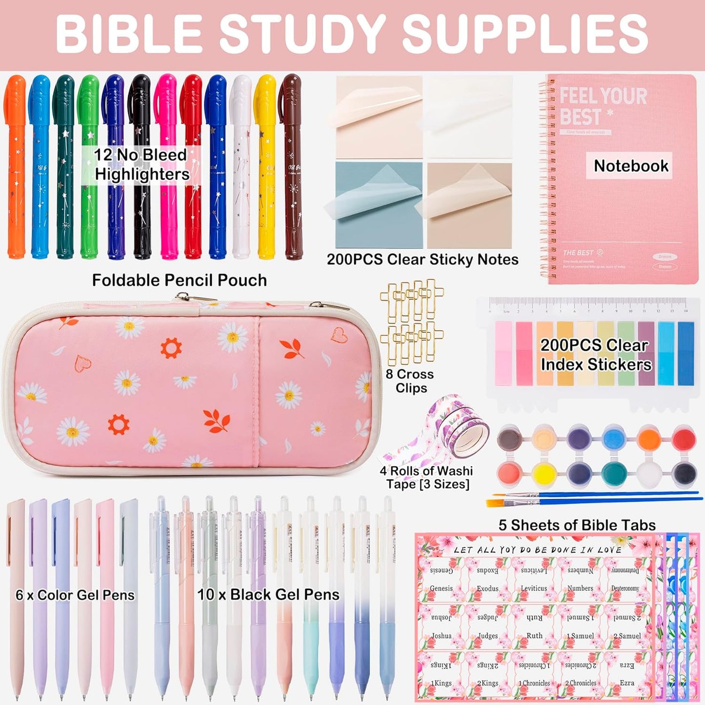 Bible Journaling Supplies for Women - Complete Kit with Pencil Bag, 12 Highlighters For Bibles That Do Not Bleed,16 Pens, 75 Tabs, A5 Notebook - Christian/Catholic Gifts, Pink with Daisies