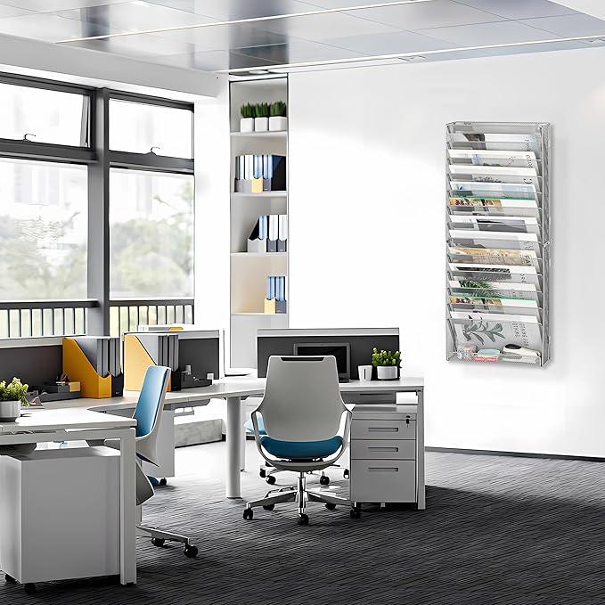 EasyPAG 14 Tier Wall File Holder with Flat Tray, Silver | Easy Assemble Mesh Desk File Organizer | 13-Folder Paper Storage | Replaceable Classify Labels | Space Saving Mail Organizer for Office Home