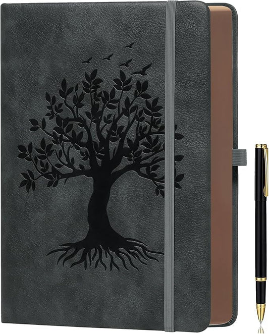 ZXHQ A5 360 Pages Lined Journaling Notebooks with Pen, Journals for Women Men Writing Notebook, Tree of Life Design, Brown Edge Fine Inner Pocket - Dark Grey