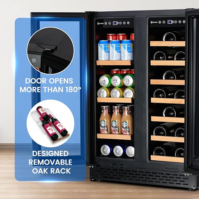 24 Inch Wine and Beverage Refrigerator Under Counter, Dual Zone Black Beverage Fridge with Glass Door&Lock,20 Bottles & 88 Cans Wine and Beverage Cooler, Freestanding Mini Fridge for Bedroom Home