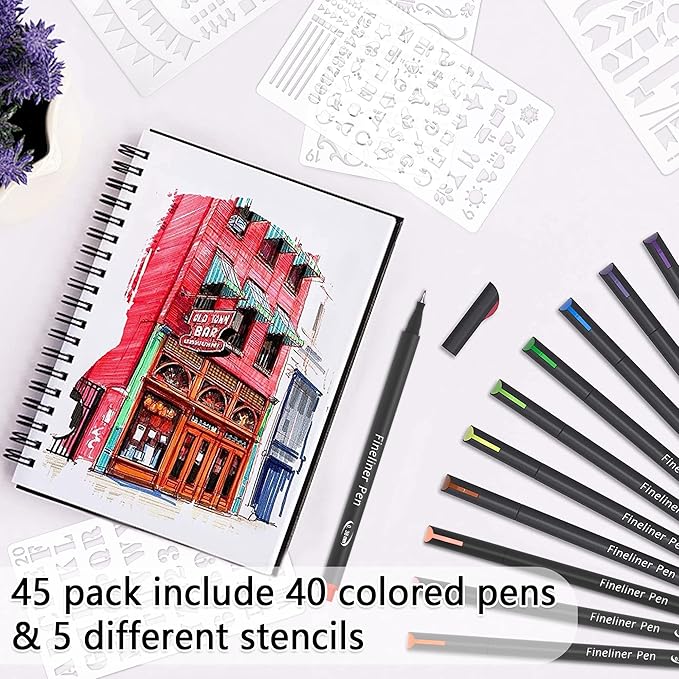 45 Pack Planner Colored Pens, 40 Colors Pens with 5 Stencils, Fineliners for Journal Planner Note Calendar Writing Coloring, Drawing, School Office Art Supplies