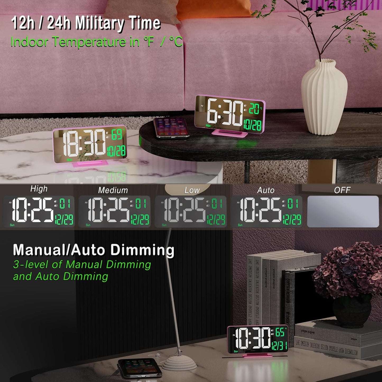 KOSUMOSU Pink Digital Clock 6.7in Desk Clock with Dual Alarm Clock, Dimming, 12/24h, Date, Day of Week, Temp, Digital LED Clock, Alarm Clock for Table, Digital Calendar Table Clocks for Bedrooms