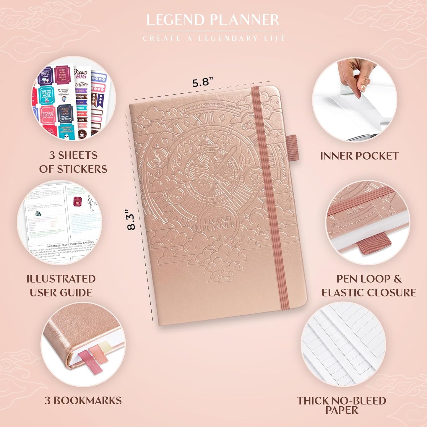 Legend Planner Hourly Schedule Edition – Deluxe Weekly & Daily Organizer with Time Slots. Time Management Appointment Book Journal for Work & Personal Life, Undated, A5 Hardcover – Rose Gold, Debossed