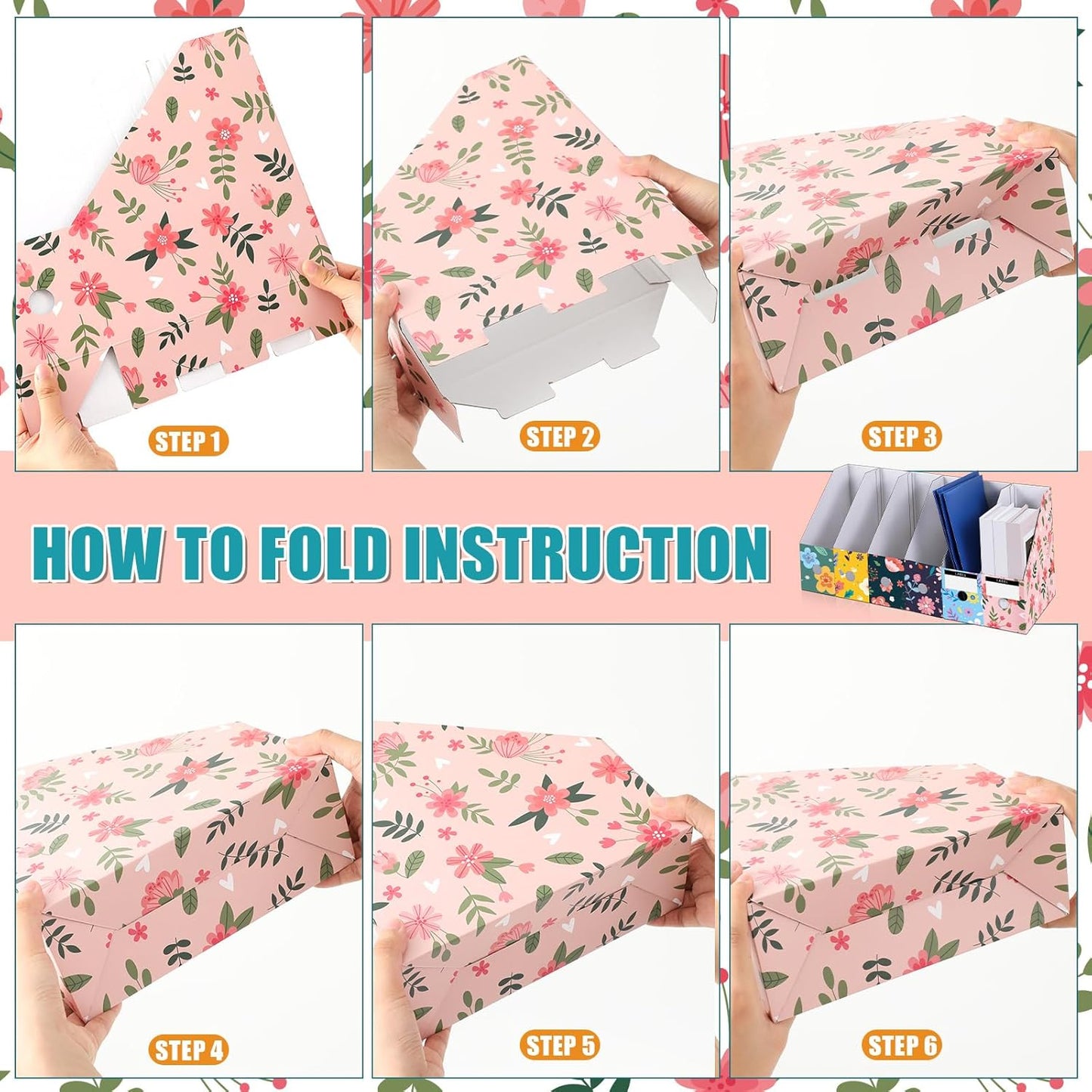 PerKoop 6 Pcs Magazine File Holder Foldable Decorative Cardboard File Folders 6 Patterns Floral Colored Magazine Rack with Printable Sticker Labels for School Office Home Desk (Flower Design)