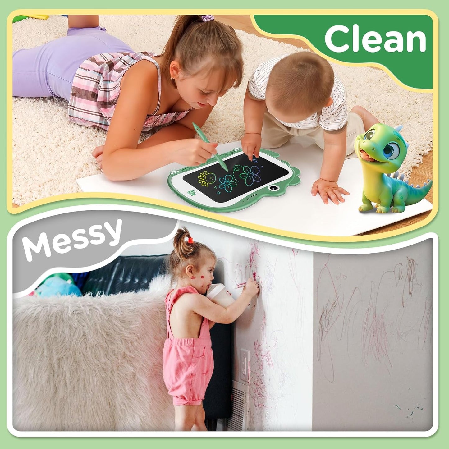 8.5 Inch Dinosaur LCD Drawing Tablet Writing Board Toddler Toy Educational Toys Birthday Christmas Gifts Toys for 3 4 5 6 Years Old Boys and Girls (Green)