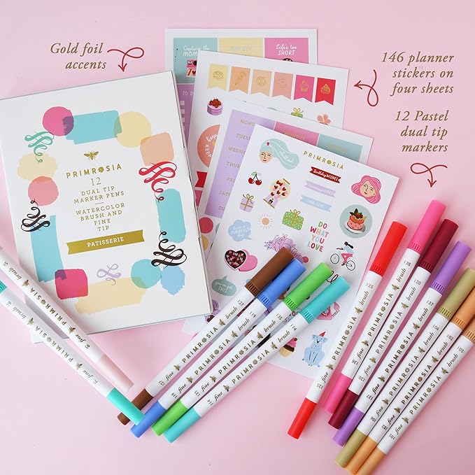 Primrosia 12 Dual Tip Watercolor Marker Pens - Fine Tip & Brush Tips, Professional Quality, 4 x Sticker Sheets, Blendable, Non-Toxic, Perfect for Calligraphy, Drawing & Coloring. (Patisserie)