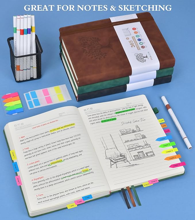 A5 Lined Journal Notebook - 365 Page Leather Journals for Writing Women & Men，Hardcover Notebook with 100Gsm Thick Pages，Daily Diary for Travel, Work，School，Note Taking，College Ruled (5.9" x 8.5")