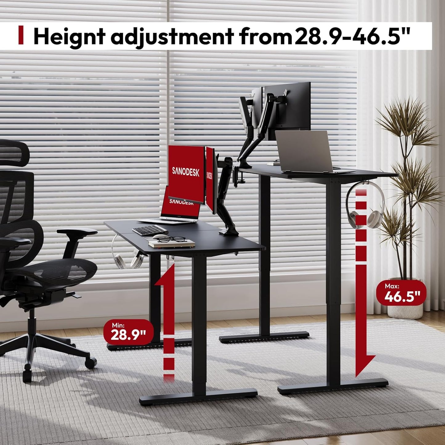 SANODESK Electric Standing Desk 63x24 Inch Height Adjustable Stand Up Desk Home Office Computer Workstation Sit Stand Home Office Desk with Splice Board (Black Frame + Black Top)