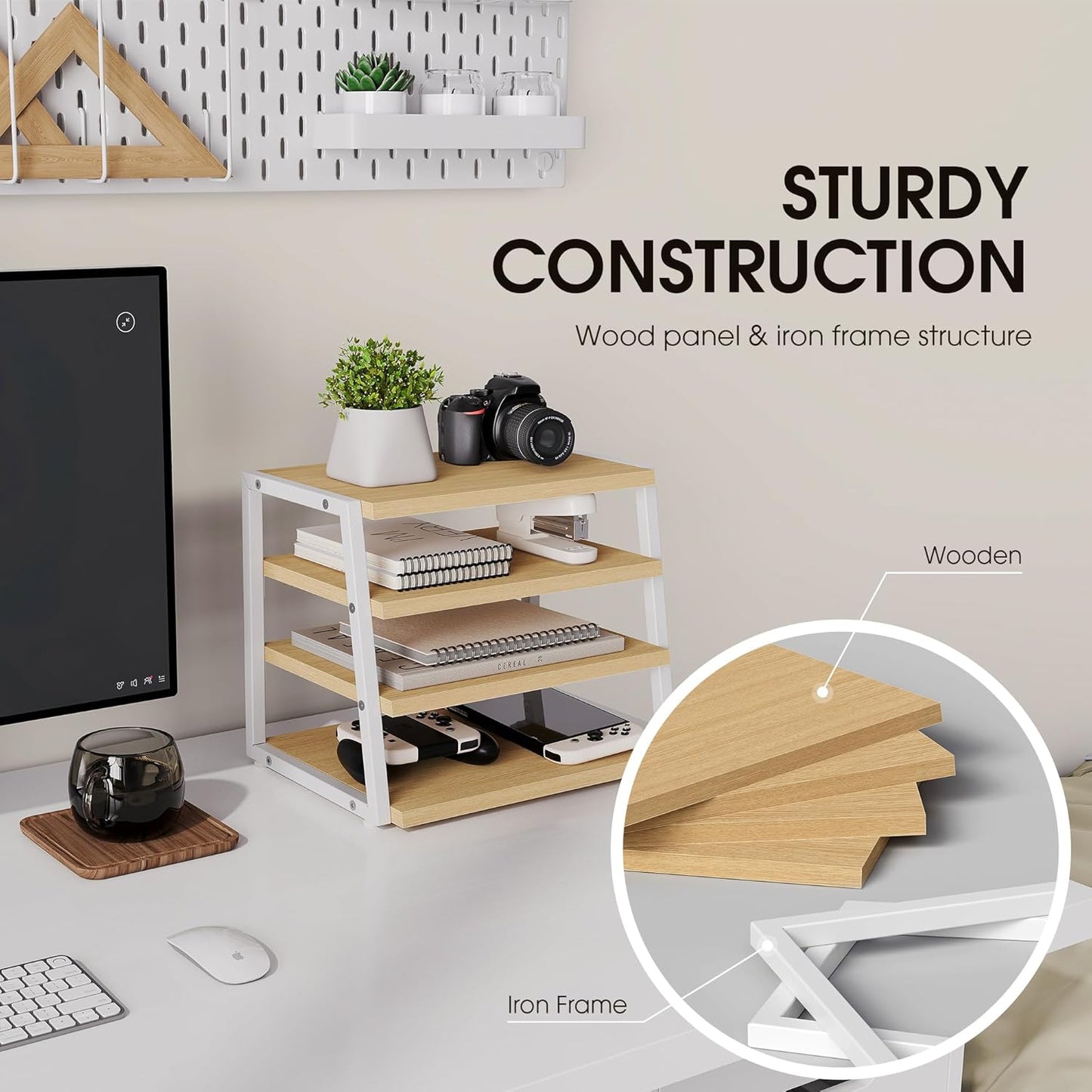 Fenge Desk Shelf Organizer, 4 Tier Desktop Shelf, Wood and Metal Office Shelves, Corner File Organizer for Office Supplies, Top of Desk Organizers and Accessories