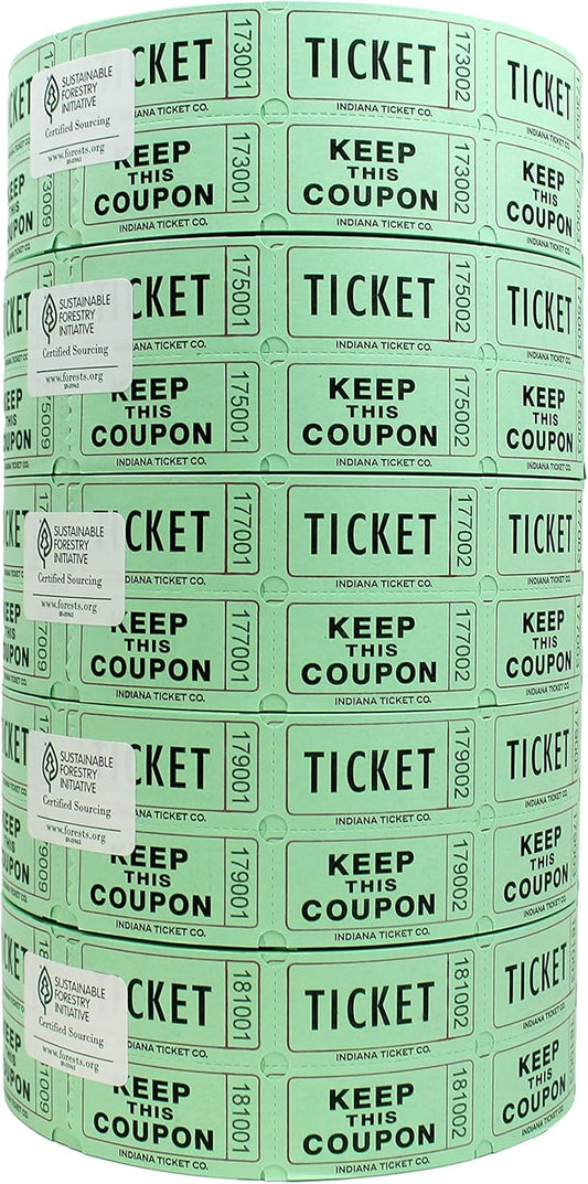 INDIANA TICKET CO. 10,000 Green CONSECUTIVELY Numbered Raffle Ticket Roll. 5 Rolls of 2,000, for Classroom Rewards, Events, Fundraisers, Door Entry, Raffles, Prizes, Drink/Food Tickets, & More