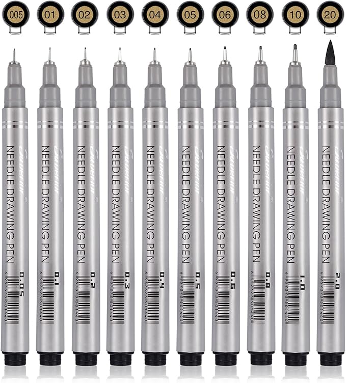 Set of 10 Black Micro-Pen Fineliner Ink Pens, Anti-Bleed & Waterproof Archival ink,Brush & Calligraphy Tip Nibs - Artist Illustration, Office Documents, Scrapbooking, Technical Drawing