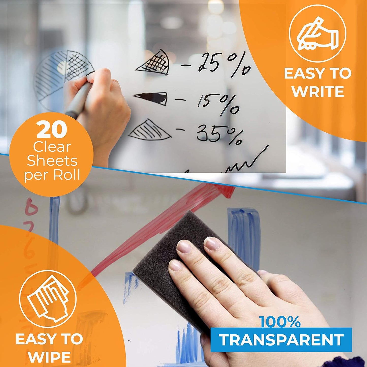 Clingers Clear Dry Erase Cling-rite Rolls - Removable, Recyclable Whiteboard Sheets, 20x30 Inch, 20 Clear Sheets for School, Office Decor, and Art Projects & Dry Erase Marker Included - American Made