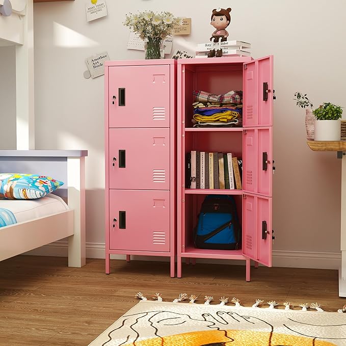 Aobabo 16" W 3 Door Metal Storage Locker with Lock, 47" H Steel Locker with Name Card Holder and Metal Leg for School, Home, Office, Playroom, Assembly Required, Pink