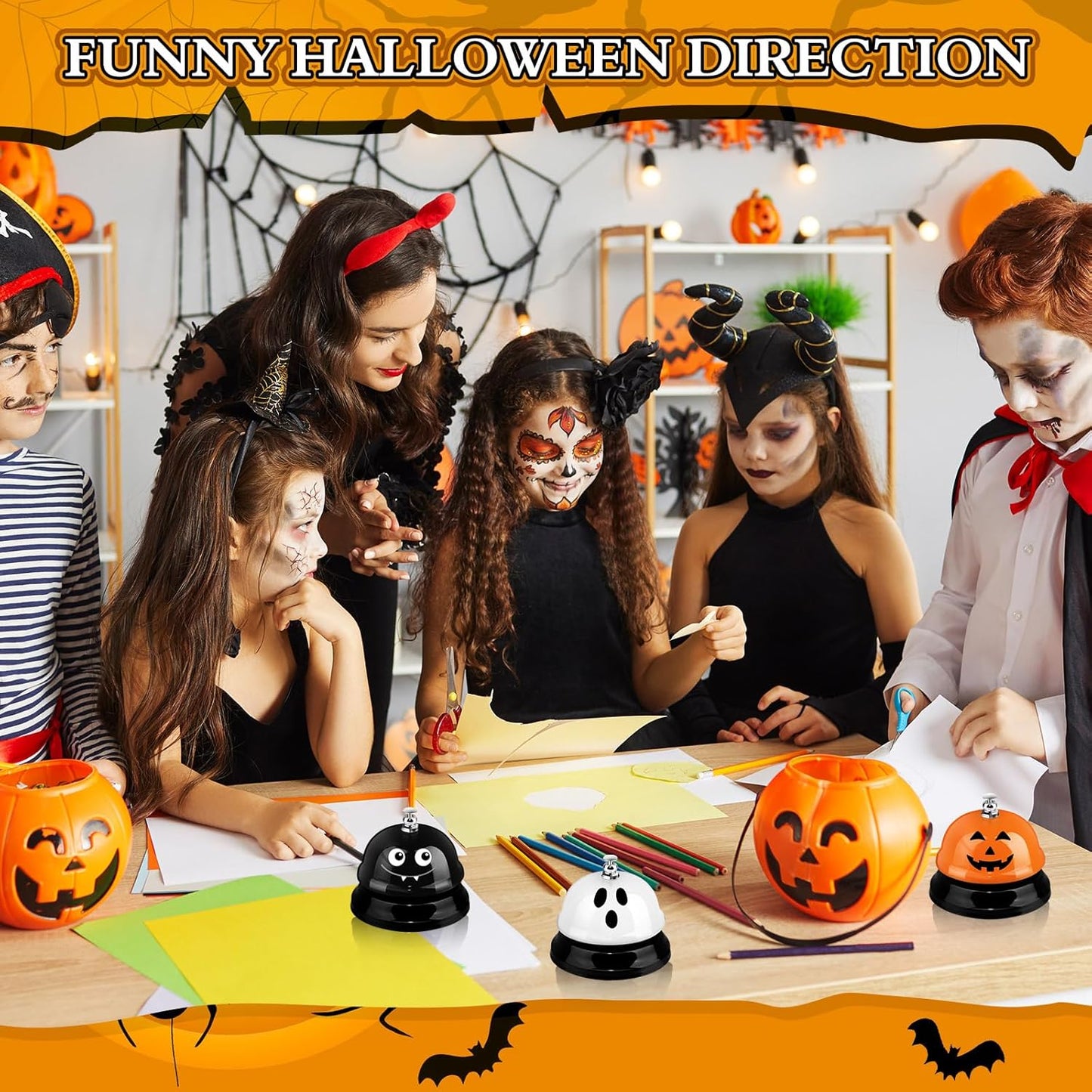 Hotop 3 Pcs Desk Bell for Service Funny Front Desk Smile Face Metal Ringer Call Bell for Kitchen Hotel Restaurant Classroom(Pumpkin, Ghost, Bat,Orange, Black, White)