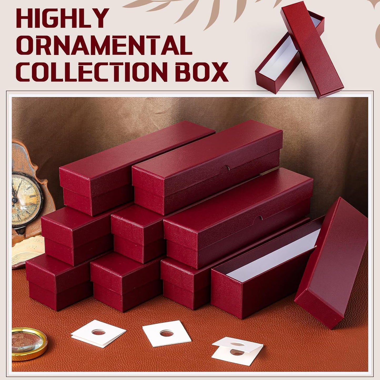 Teling 8 Pcs Coin Storage Box 2x2inch Flip Holders Collectors Coin Supplies Holders for Cents Collection Cardboard (Dark Red)