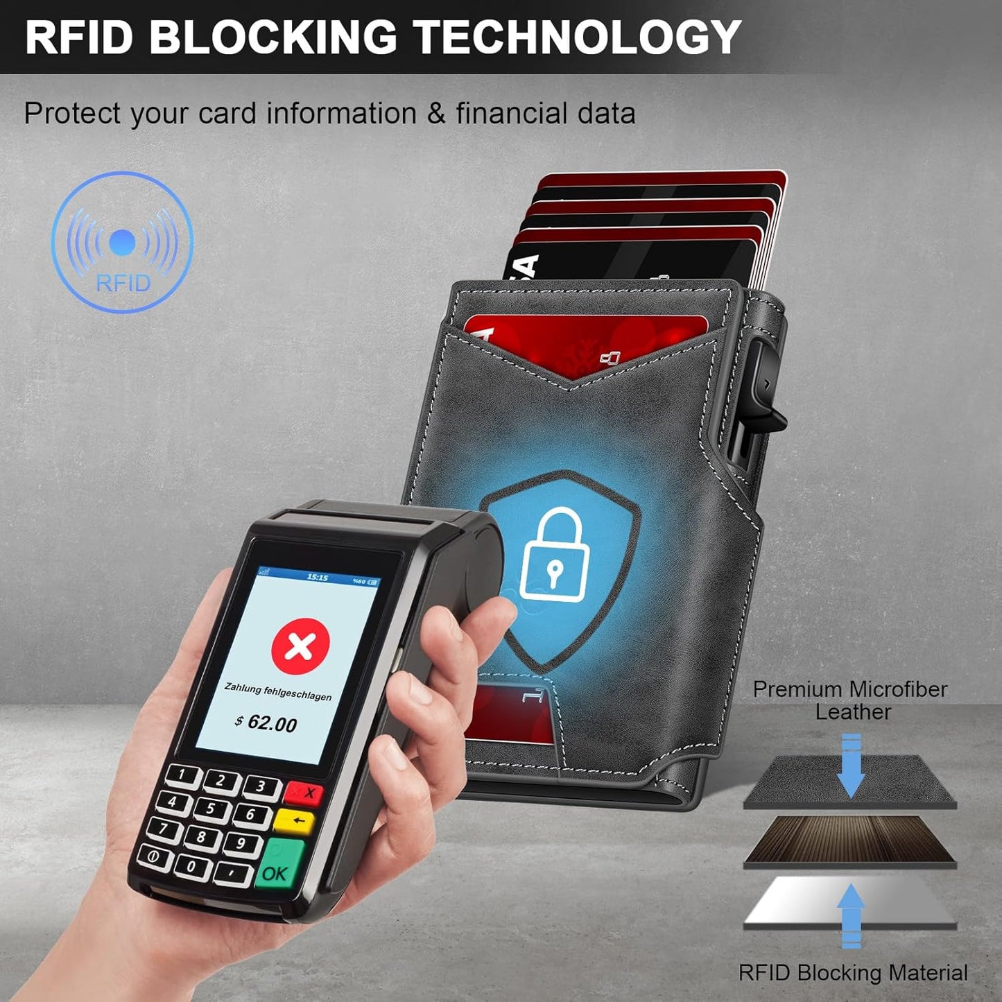 Wallet for Men Wallet with Slim Pop Up Card Holder 9-13 Cards, Bifold Minimalist Smart Wallet RFID Blocking Credit Card Holder with ID Window & Stretchable Cash Slot Compact Metal Aluminum Card Case