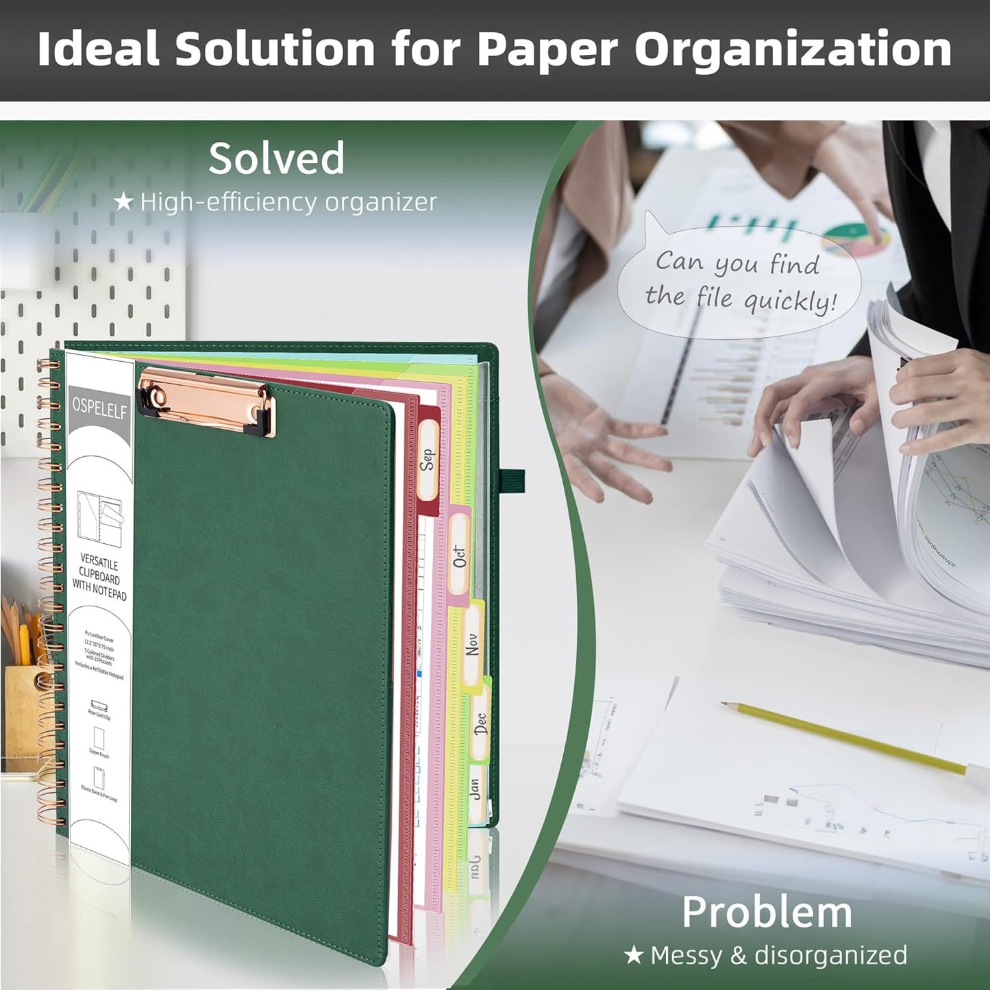 Ospelelf Leather Clipboard Folio with Notepad for Letter Size, Spiral Clipboard Folder with Storage Zipper Pouch, 5 Folders with 10 Pockets, 39 Divider Label Stickers, Pen Loop Series (Green)