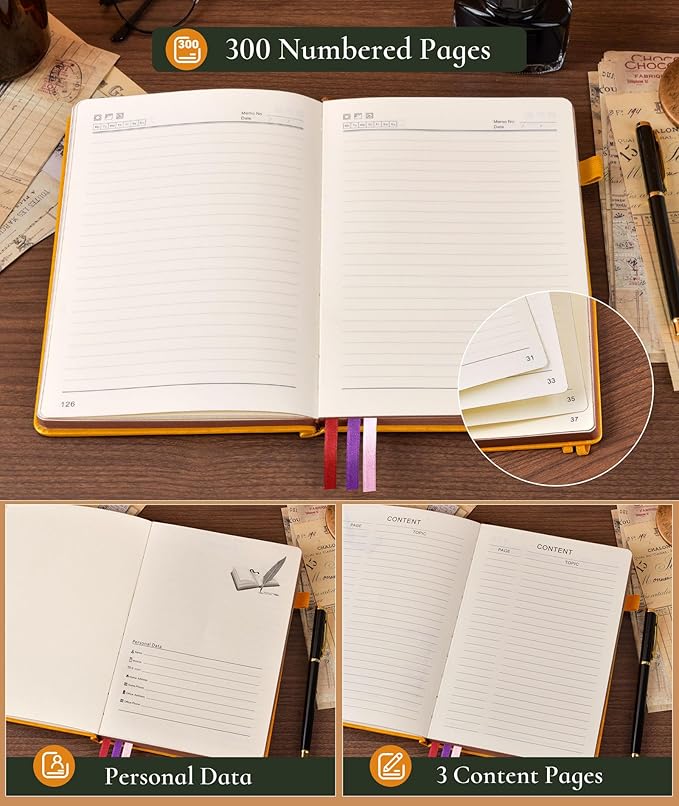 Vintage Leather Journal - 300 Page Lined Journal Notebook with Numbered Pages,A5 Notebook for Women Men,Travel Diary,Daily Journal for Writing, Note Taking, School & Work (5.8" x 8.3")