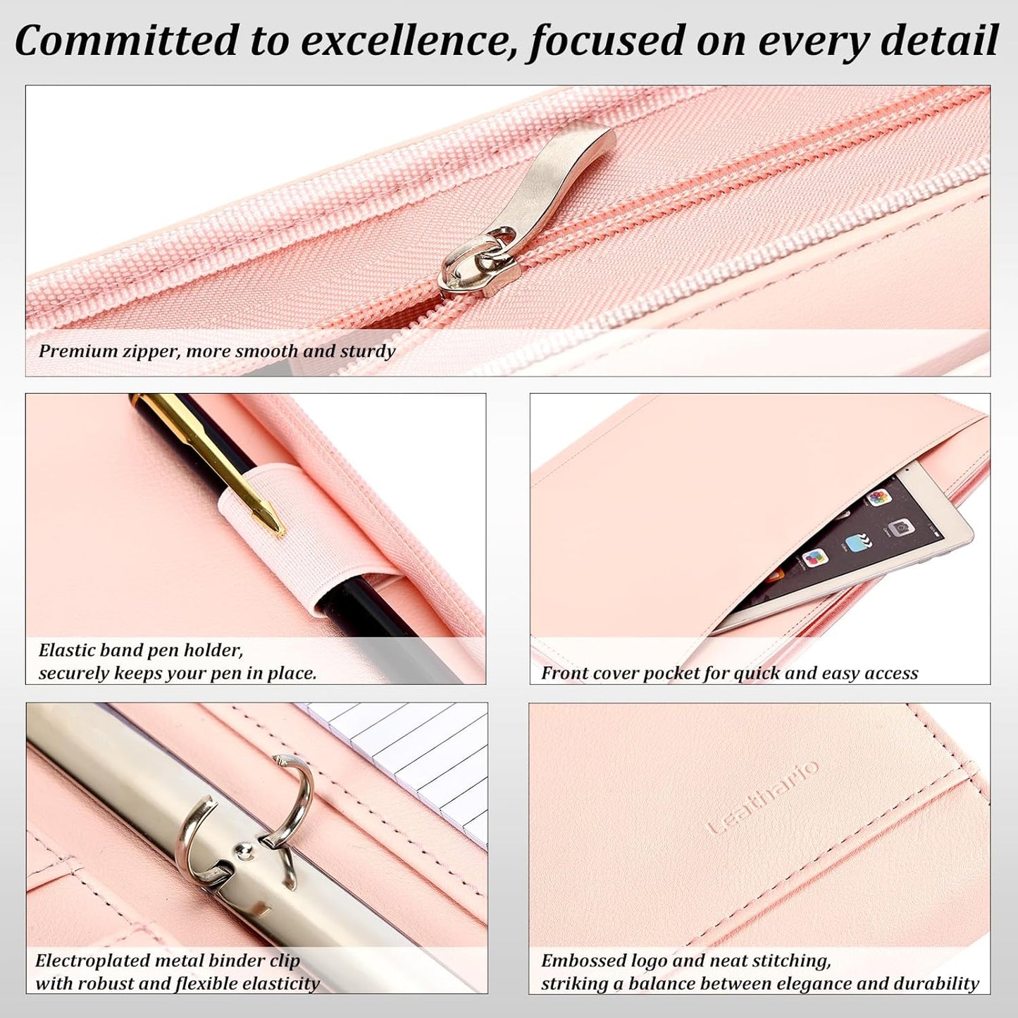 Leathario Portfolio Binder, Includes 10 Sheet Protectors and 3 Notepads, 3-Ring Folder Organizer, A4 Padfolio with Zipper, Vegan Leather Tablet Sleeve, Business Office Conference Clipboards