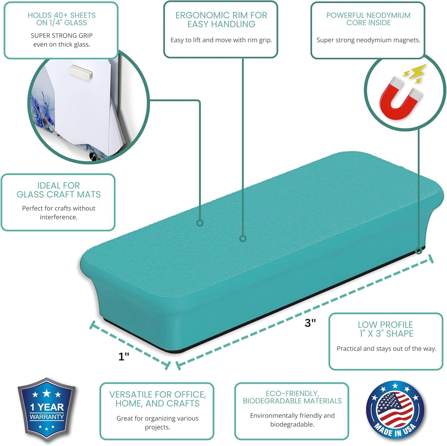 Glassboard Studio Mega Magnets - Neodymium - Heavy Duty, Colorful, Ergonomic, Ideal for Crafting, Quilting, and as Magnetic Knife Holders (12, Seaside Teal Bar)