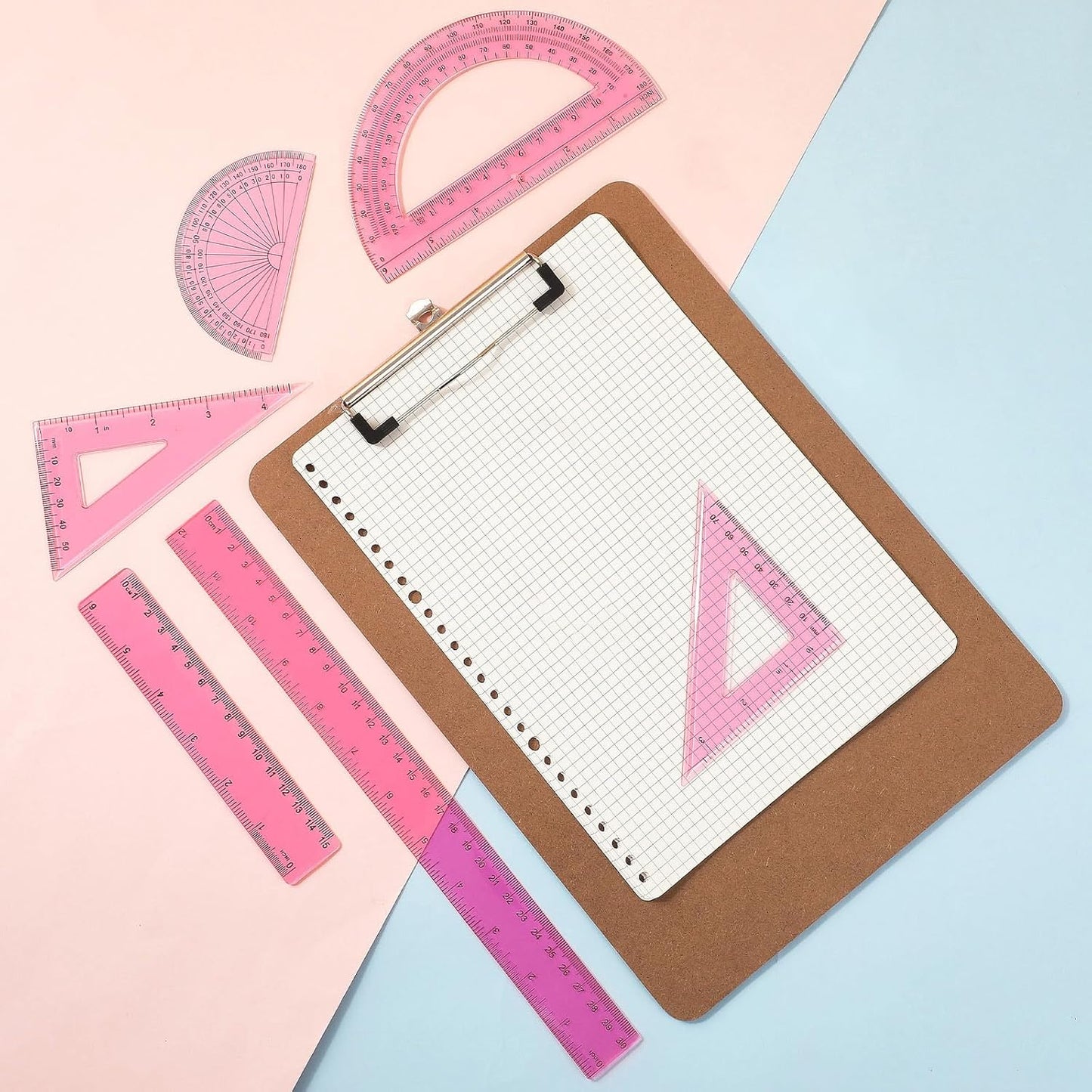 Tenare 1 Set Plastic Clear Math Set Includes Protractor Triangle Rulers 12 Inch 6 Inch Straight Geometry Math Transparent Ruler Measuring Tool for School Office Home Supplies(Pink)