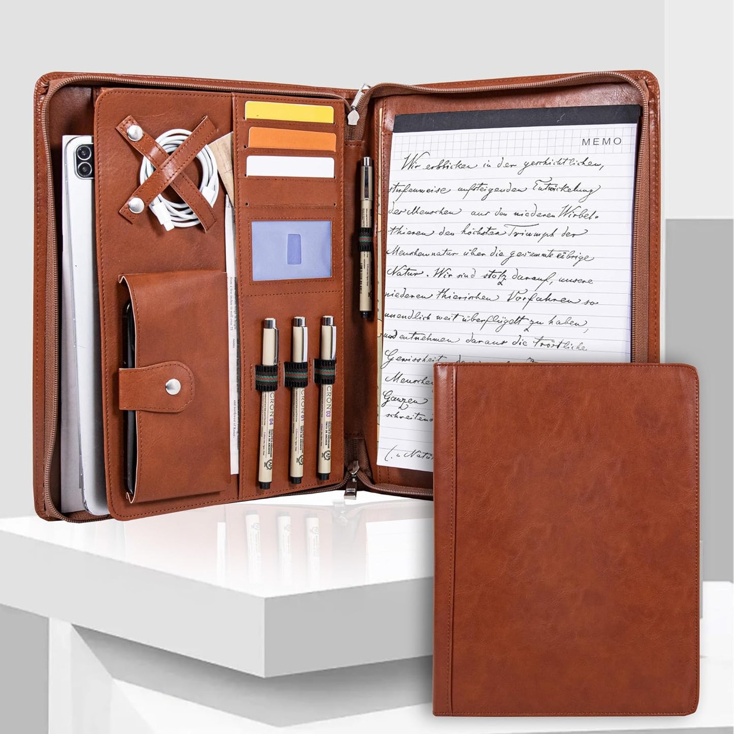 Padfolio with Zipper, Portfolio Binder, Leather Portfolio with Zipper for Men Women, Portfolio Organizer, Padfolio Business Resume A4/Pad, Brown