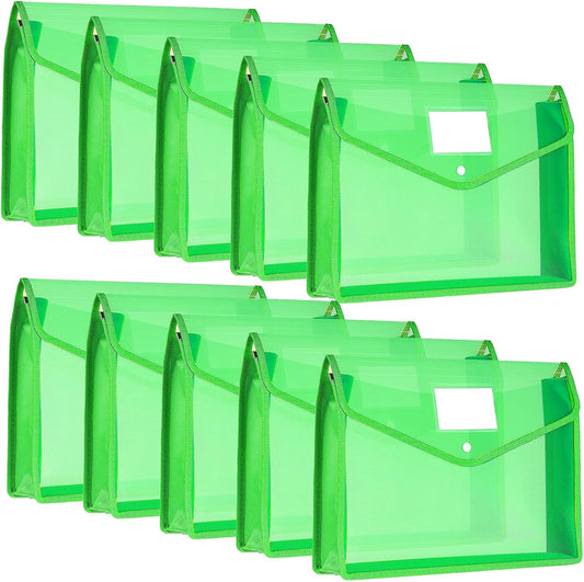 Epakh 10 Pieces Plastic File Folders Envelope Expanding File Wallet Organizer Documents Folder with Snap Closure and Pocket, A4 Size Waterproof Transparent Pouch (Green,Horizontal)